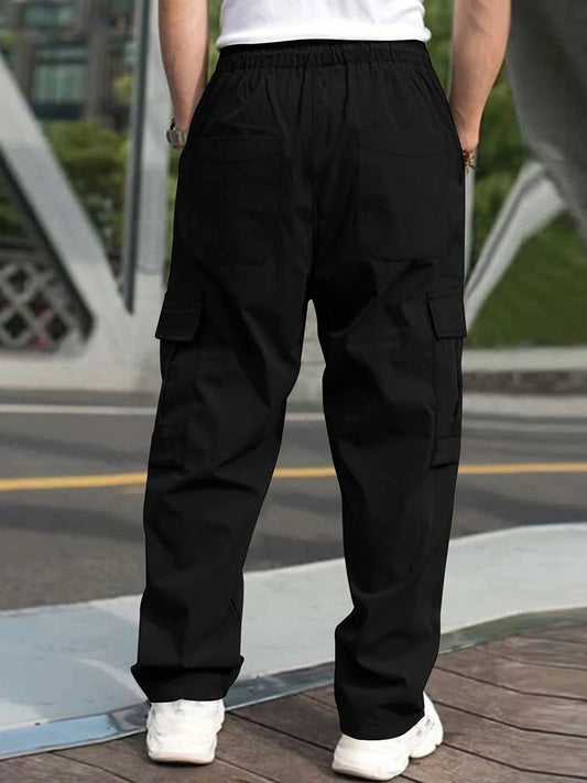 Mens Loose Cargo Pants Drawstring Waist Straight Leg Trousers