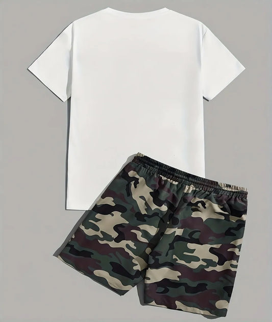 new summer men's suit casual shorts 3D black and white printed men's T-shirt shorts suit City street men fashion short slee