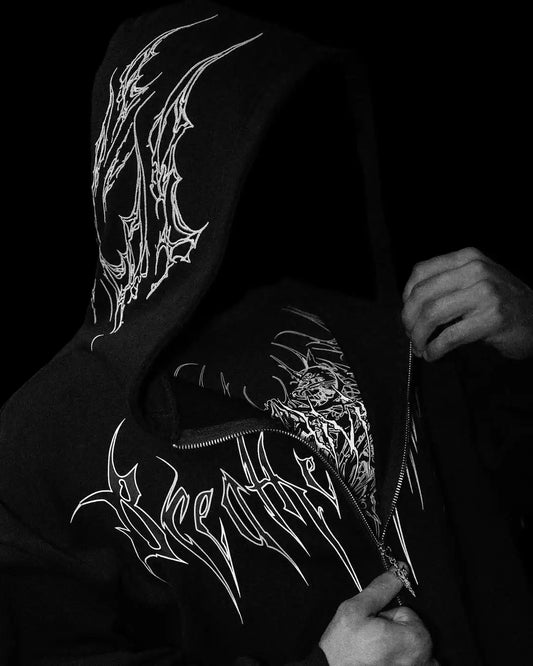 Mens Gothic Style Black Zip Up Hoodie White Skull Pattern Print Design
