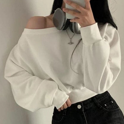 Off-shoulder Long Sleeve Loose Casual Cropped Sweatshirt For Women