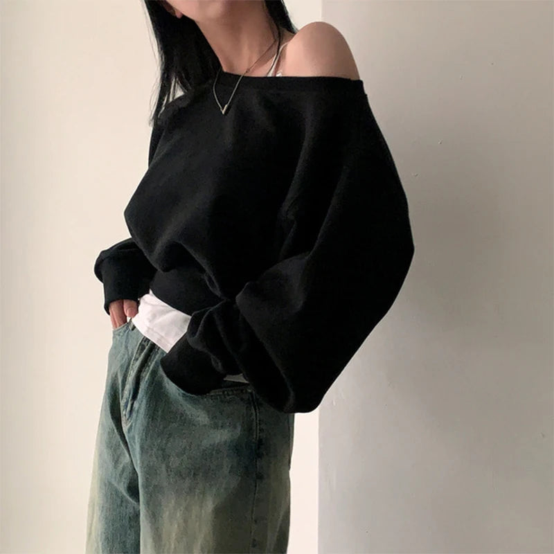 Off-shoulder Long Sleeve Loose Casual Cropped Sweatshirt For Women