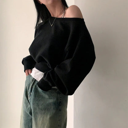 Off-shoulder Long Sleeve Loose Casual Cropped Sweatshirt For Women