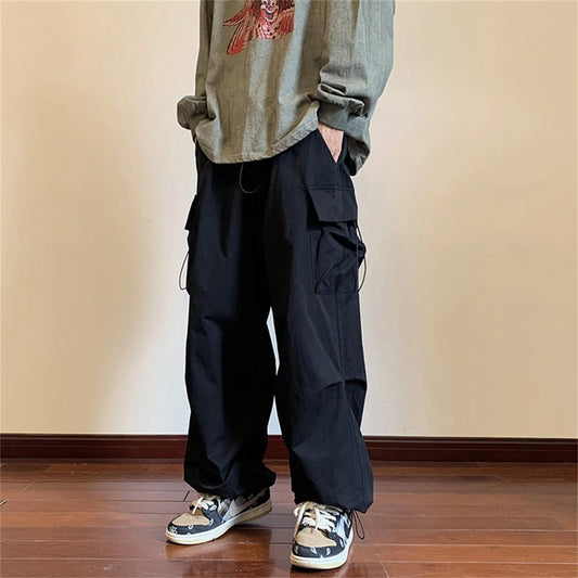 Casual Pants Elastic Waist Solid Color Cargo Pants Multi Pocket Loose Baggy Pants