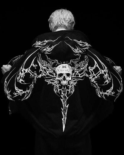 Mens Gothic Style Black Zip Up Hoodie White Skull Pattern Print Design