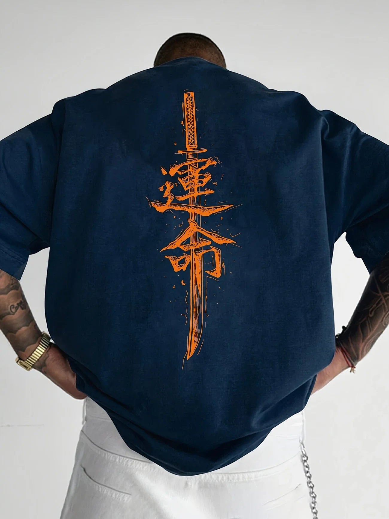 Men's Cotton T-Shirt Custom Loose Fit Japanese Samurai Sword Design