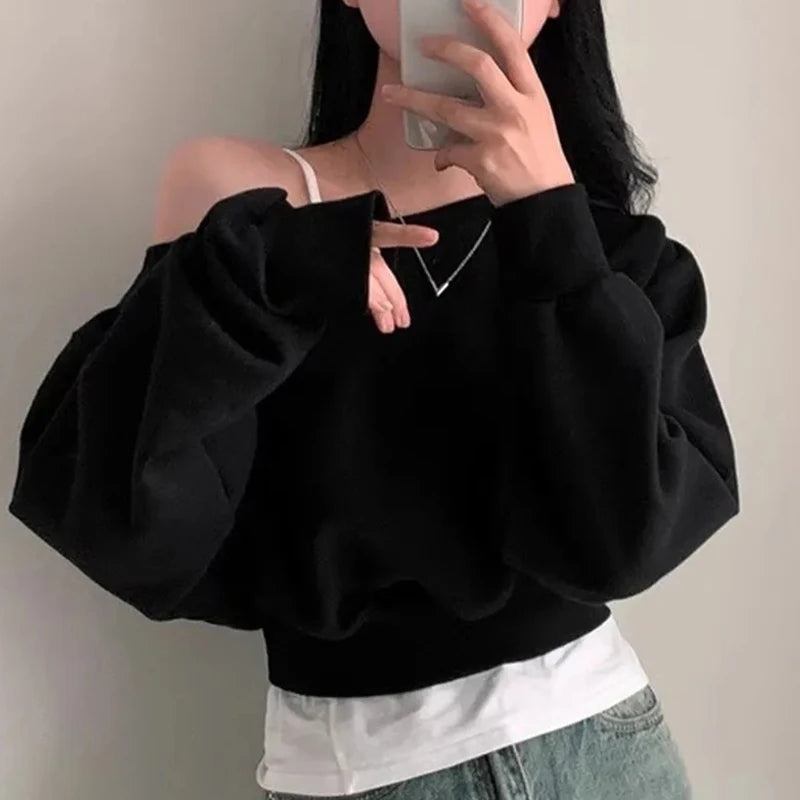 Off-shoulder Long Sleeve Loose Casual Cropped Sweatshirt For Women