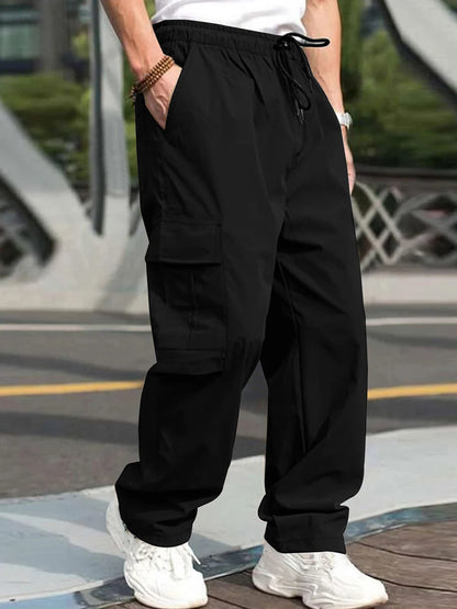 Mens Loose Cargo Pants Drawstring Waist Straight Leg Trousers