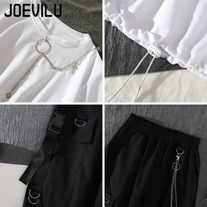 Tracksuit Removable Sleeve with Chain Top Casual Cargo Pants 2 Piece Sets Women's Outfits