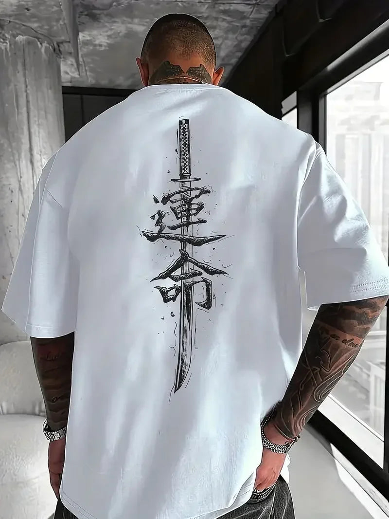 Men's Cotton T-Shirt Custom Loose Fit Japanese Samurai Sword Design