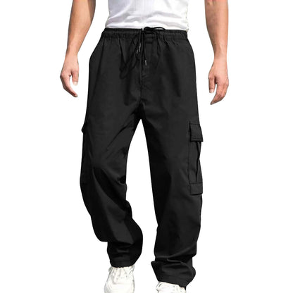 Mens Loose Cargo Pants Drawstring Waist Straight Leg Trousers
