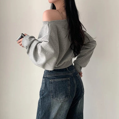 Off-shoulder Long Sleeve Loose Casual Cropped Sweatshirt For Women