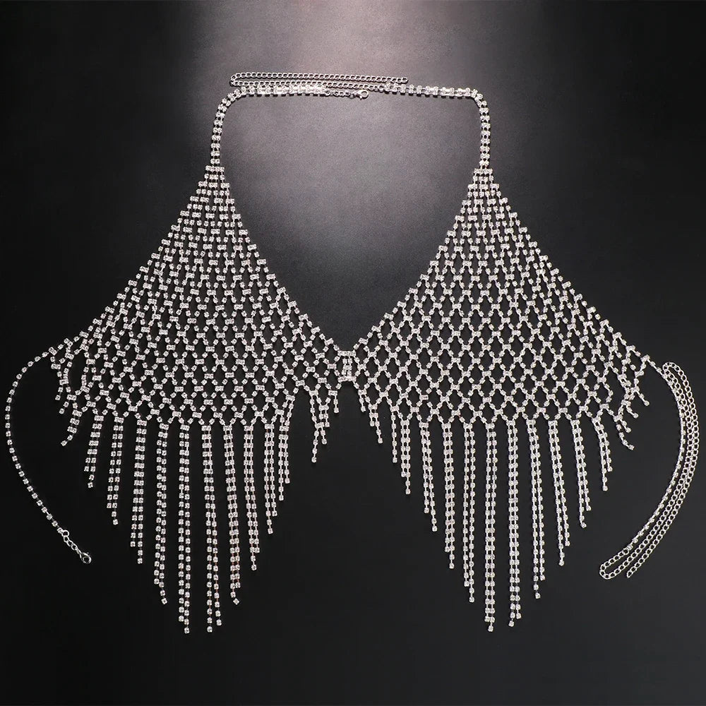 Stonefans Mesh Harness Rhinestone Tassel Bra Chain Nightclub Clothing Hollow Festival Tops Crystal Sexy Body Jewelry for Women