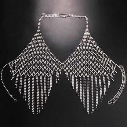 Stonefans Mesh Harness Rhinestone Tassel Bra Chain Nightclub Clothing Hollow Festival Tops Crystal Sexy Body Jewelry for Women
