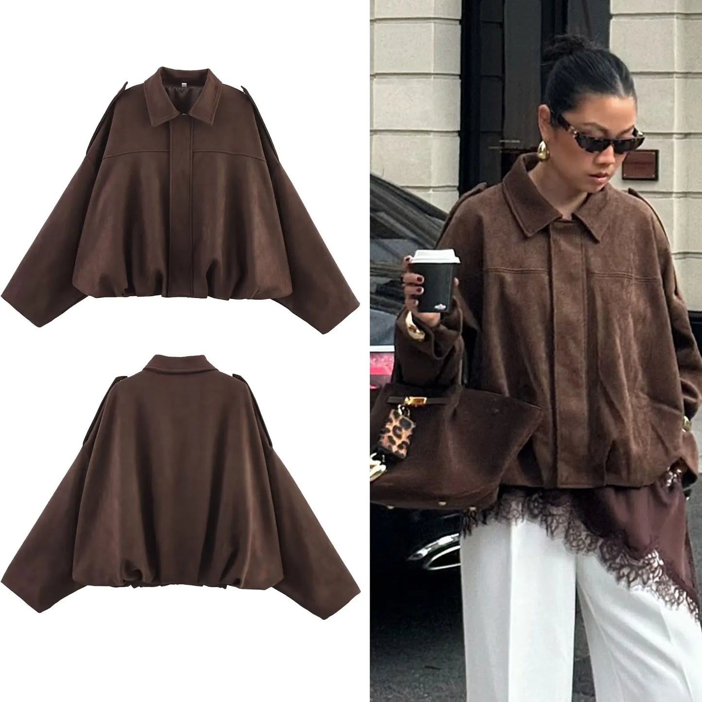 HH Women's Street Fashion Solid Loose Suede Texture Coats