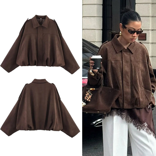 HH Women's Street Fashion Solid Loose Suede Texture Coats