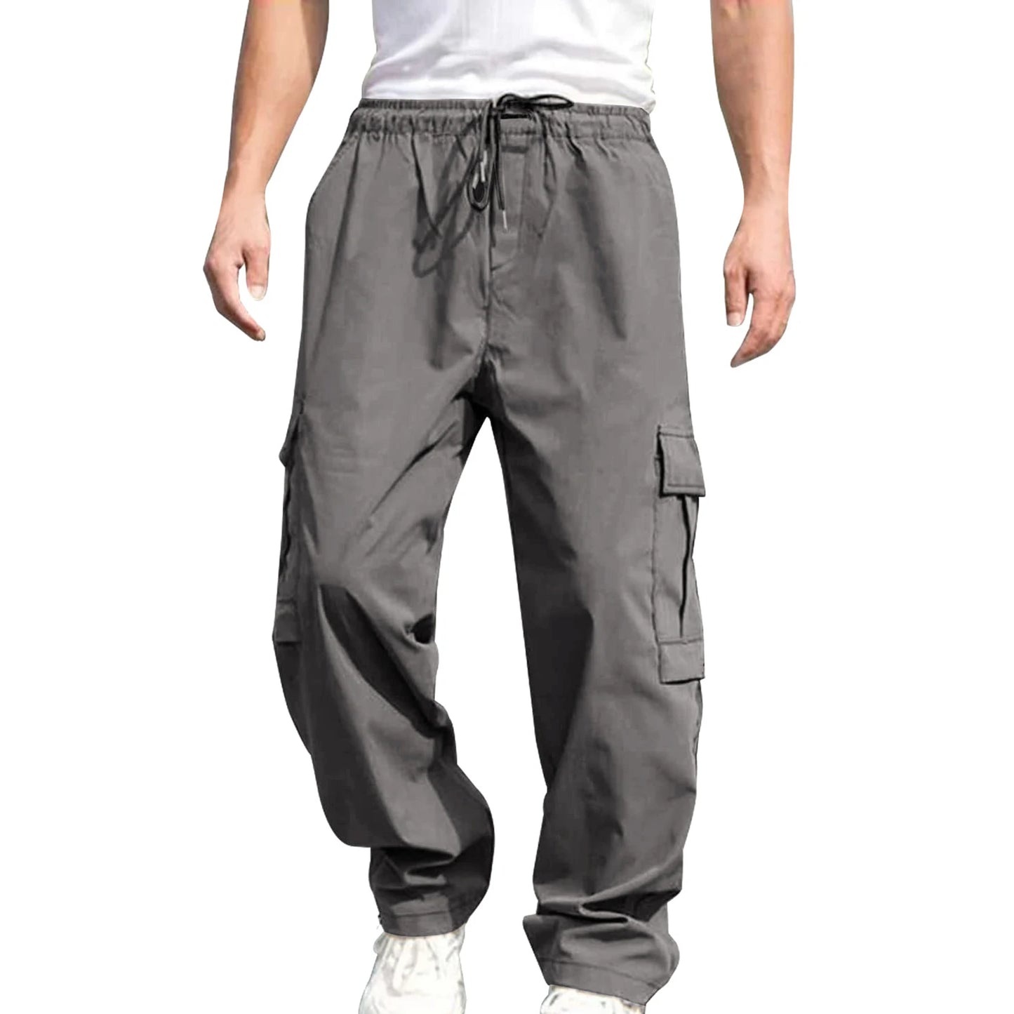 Mens Loose Cargo Pants Drawstring Waist Straight Leg Trousers