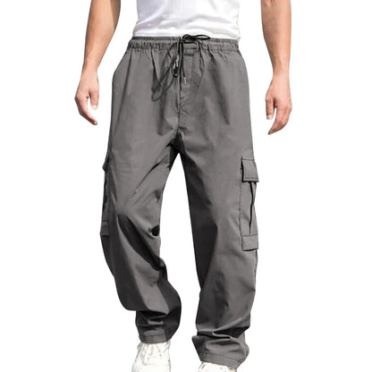 Mens Loose Cargo Pants Drawstring Waist Straight Leg Trousers