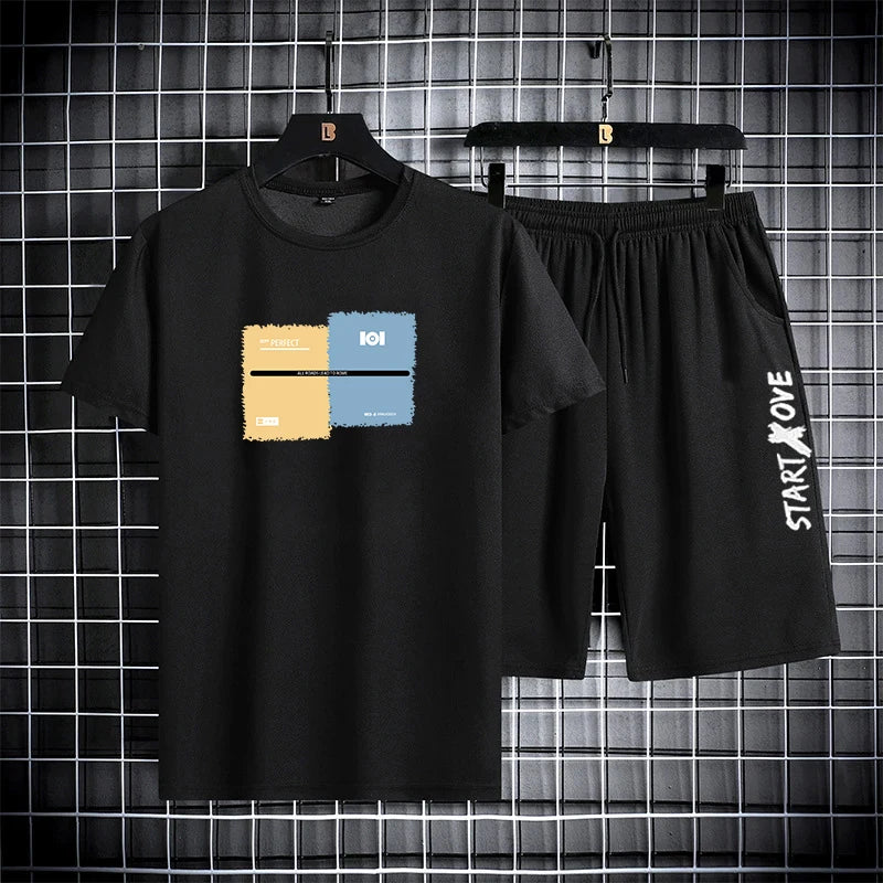 Men's Summer Shorts Set Outfit Student Short Sleeve Tee 2 Piece Set