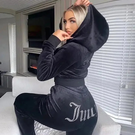 New Juicy Coutoure Tracksuit Women Velvet Diamond Long Sleeve Pants & Hoodie ☆