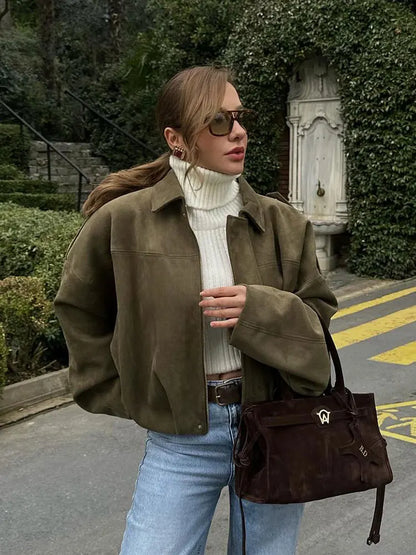 HH Women's Street Fashion Solid Loose Suede Texture Coats