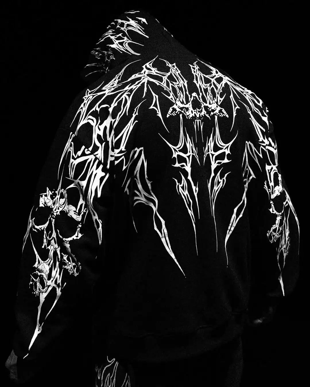 Mens Gothic Style Black Zip Up Hoodie White Skull Pattern Print Design