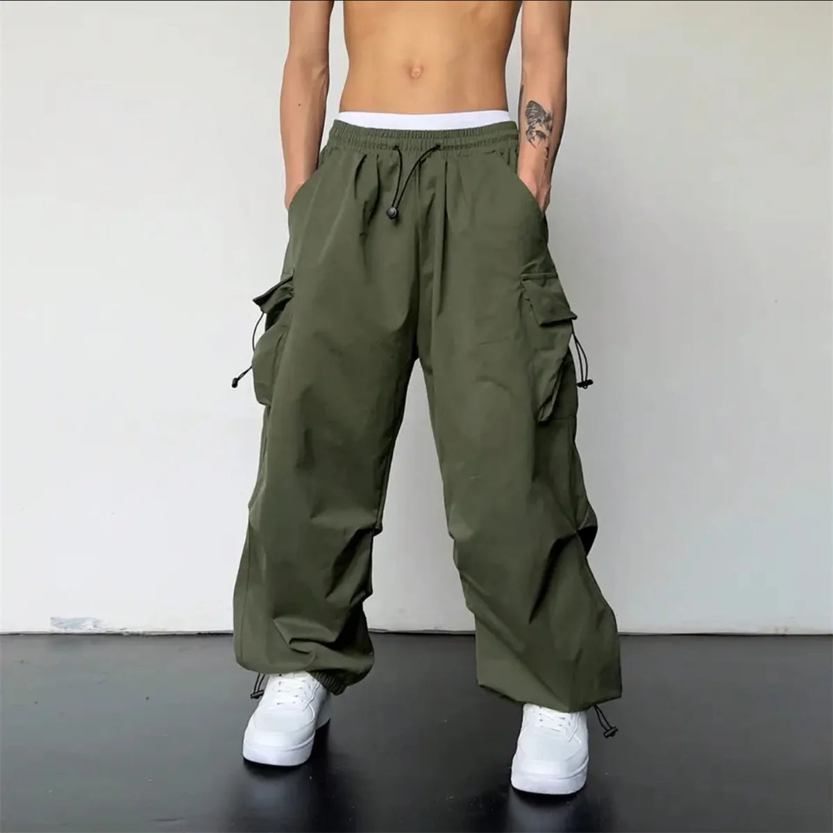 Casual Pants Elastic Waist Solid Color Cargo Pants Multi Pocket Loose Baggy Pants