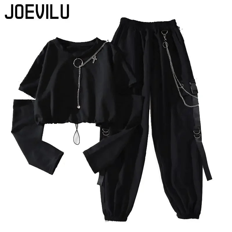 Tracksuit Removable Sleeve with Chain Top Casual Cargo Pants 2 Piece Sets Women's Outfits