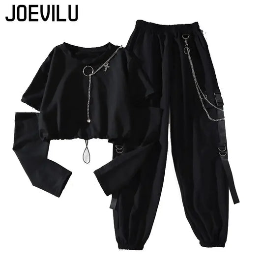 Tracksuit Removable Sleeve with Chain Top Casual Cargo Pants 2 Piece Sets Women's Outfits