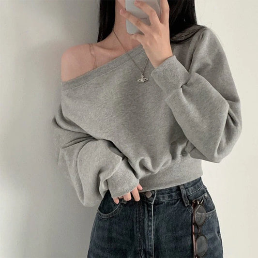 Off-shoulder Long Sleeve Loose Casual Cropped Sweatshirt For Women