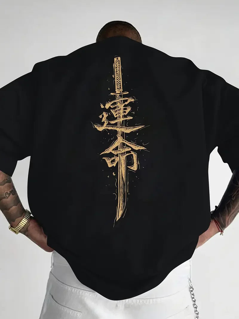 Men's Cotton T-Shirt Custom Loose Fit Japanese Samurai Sword Design