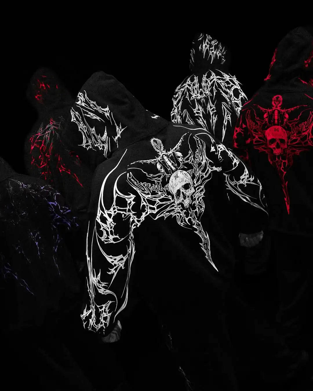 Mens Gothic Style Black Zip Up Hoodie White Skull Pattern Print Design