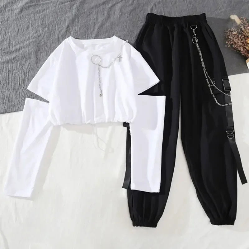 Tracksuit Removable Sleeve with Chain Top Casual Cargo Pants 2 Piece Sets Women's Outfits