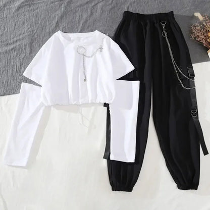 Tracksuit Removable Sleeve with Chain Top Casual Cargo Pants 2 Piece Sets Women's Outfits