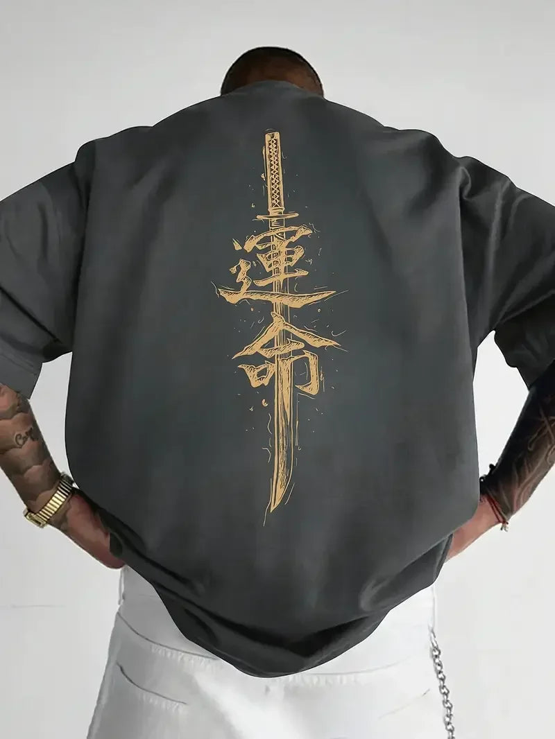 Men's Cotton T-Shirt Custom Loose Fit Japanese Samurai Sword Design