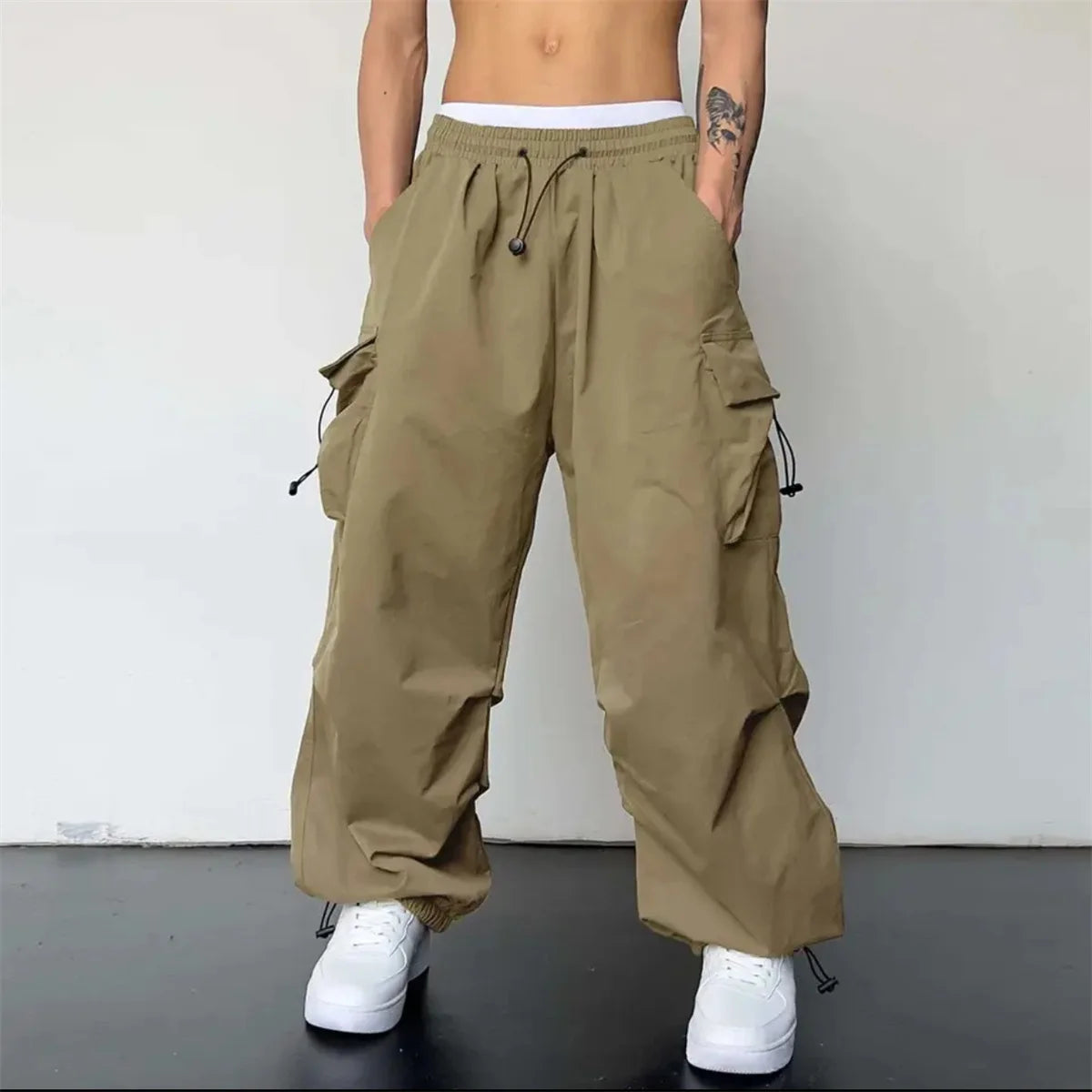Casual Pants Elastic Waist Solid Color Cargo Pants Multi Pocket Loose Baggy Pants