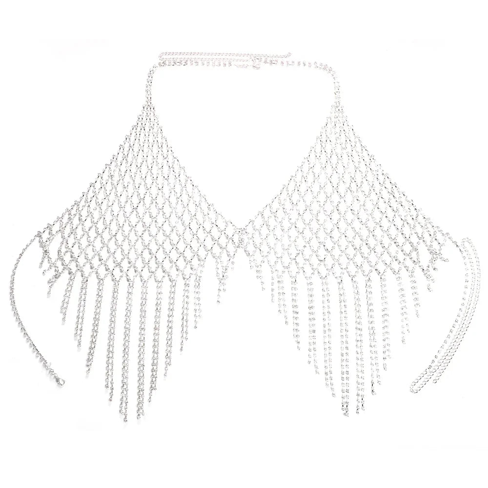 Stonefans Mesh Harness Rhinestone Tassel Bra Chain Nightclub Clothing Hollow Festival Tops Crystal Sexy Body Jewelry for Women