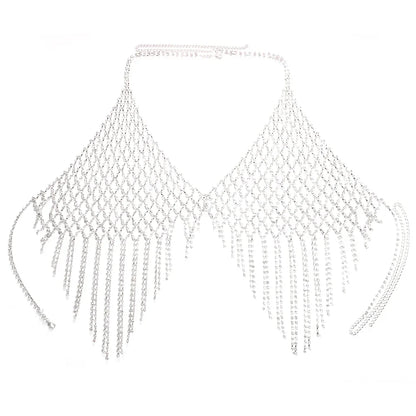 Stonefans Mesh Harness Rhinestone Tassel Bra Chain Nightclub Clothing Hollow Festival Tops Crystal Sexy Body Jewelry for Women