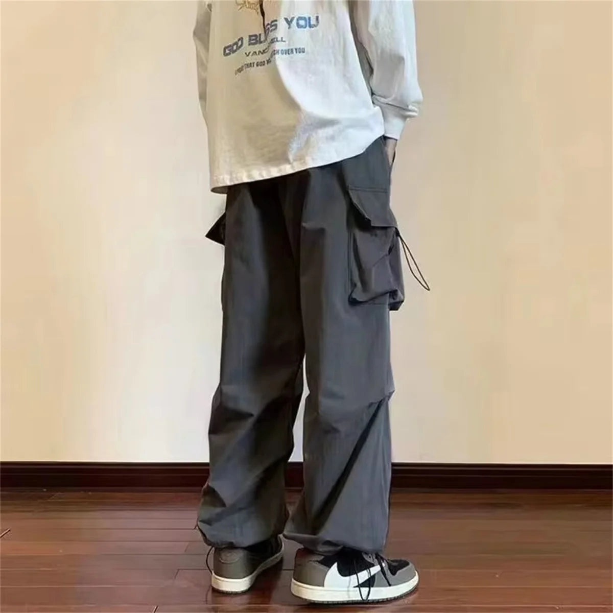 Casual Pants Elastic Waist Solid Color Cargo Pants Multi Pocket Loose Baggy Pants
