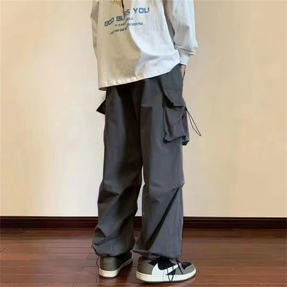 Casual Pants Elastic Waist Solid Color Cargo Pants Multi Pocket Loose Baggy Pants