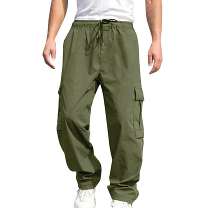 Mens Loose Cargo Pants Drawstring Waist Straight Leg Trousers