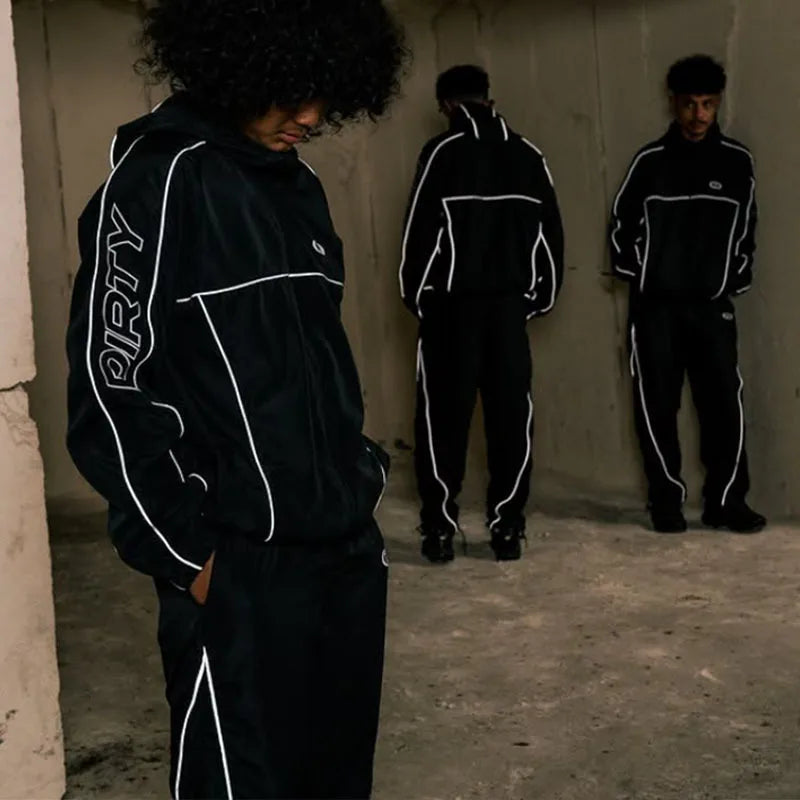 Black Sports Hoodies Casual Loose Embroidered Ziper Casual Pants