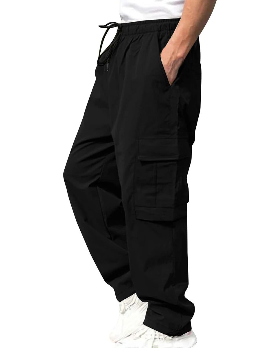 Mens Loose Cargo Pants Drawstring Waist Straight Leg Trousers