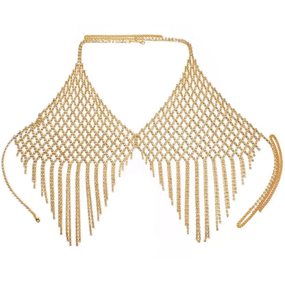 Stonefans Mesh Harness Rhinestone Tassel Bra Chain Nightclub Clothing Hollow Festival Tops Crystal Sexy Body Jewelry for Women