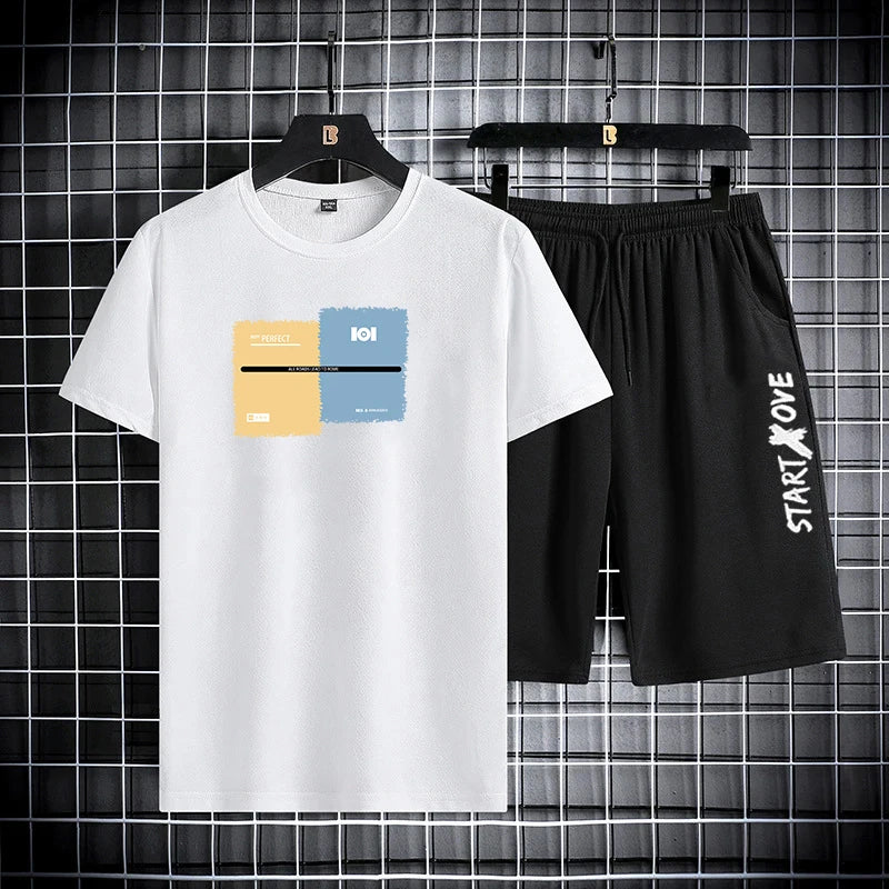 Men's Summer Shorts Set Outfit Student Short Sleeve Tee 2 Piece Set