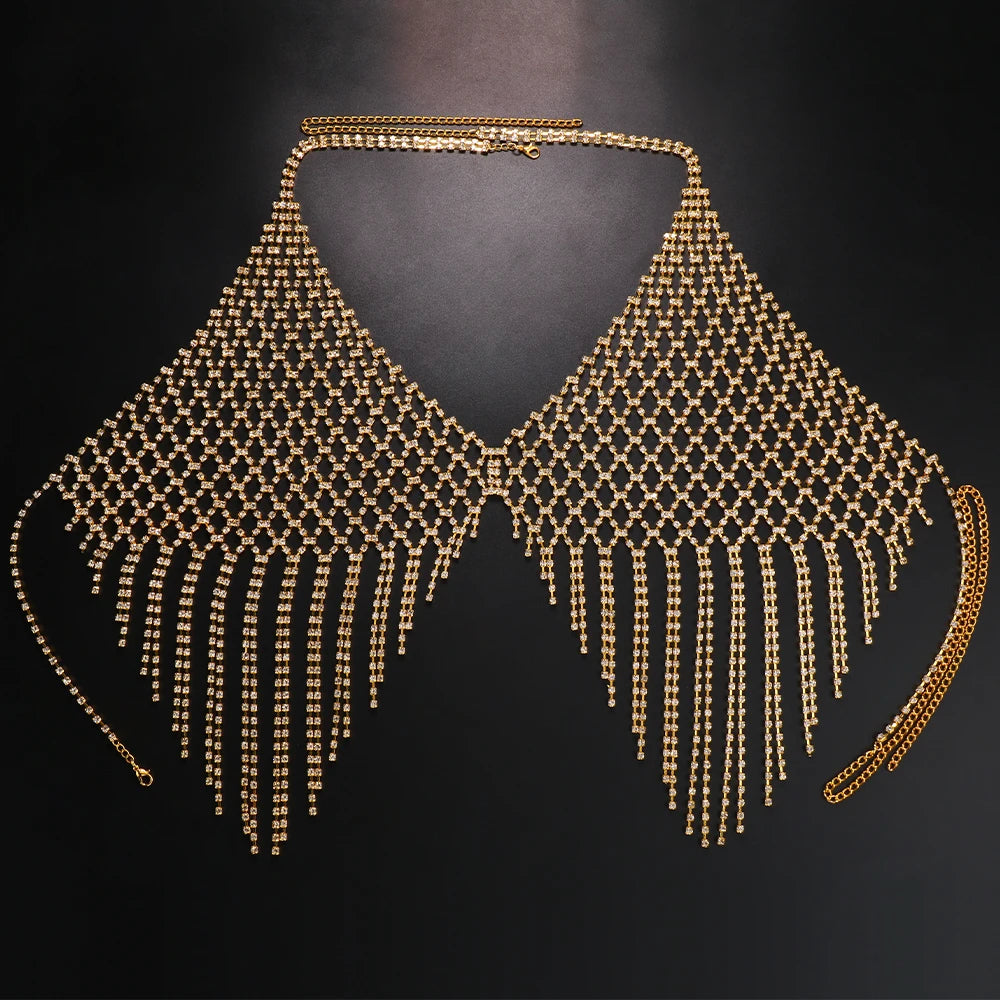 Stonefans Mesh Harness Rhinestone Tassel Bra Chain Nightclub Clothing Hollow Festival Tops Crystal Sexy Body Jewelry for Women