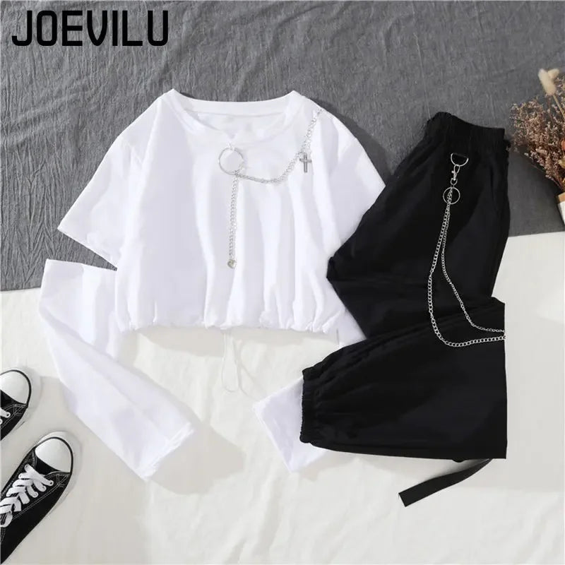 Tracksuit Removable Sleeve with Chain Top Casual Cargo Pants 2 Piece Sets Women's Outfits