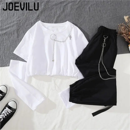 Tracksuit Removable Sleeve with Chain Top Casual Cargo Pants 2 Piece Sets Women's Outfits
