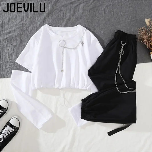 Tracksuit Removable Sleeve with Chain Top Casual Cargo Pants 2 Piece Sets Women's Outfits