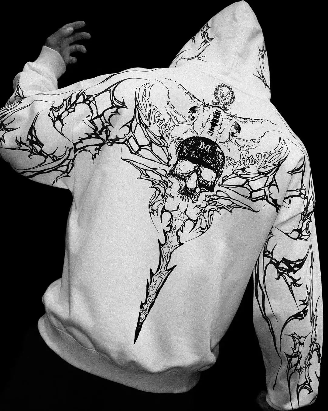 Mens Gothic Style Black Zip Up Hoodie White Skull Pattern Print Design