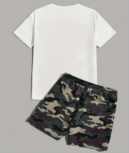 new summer men's suit casual shorts 3D black and white printed men's T-shirt shorts suit City street men fashion short slee